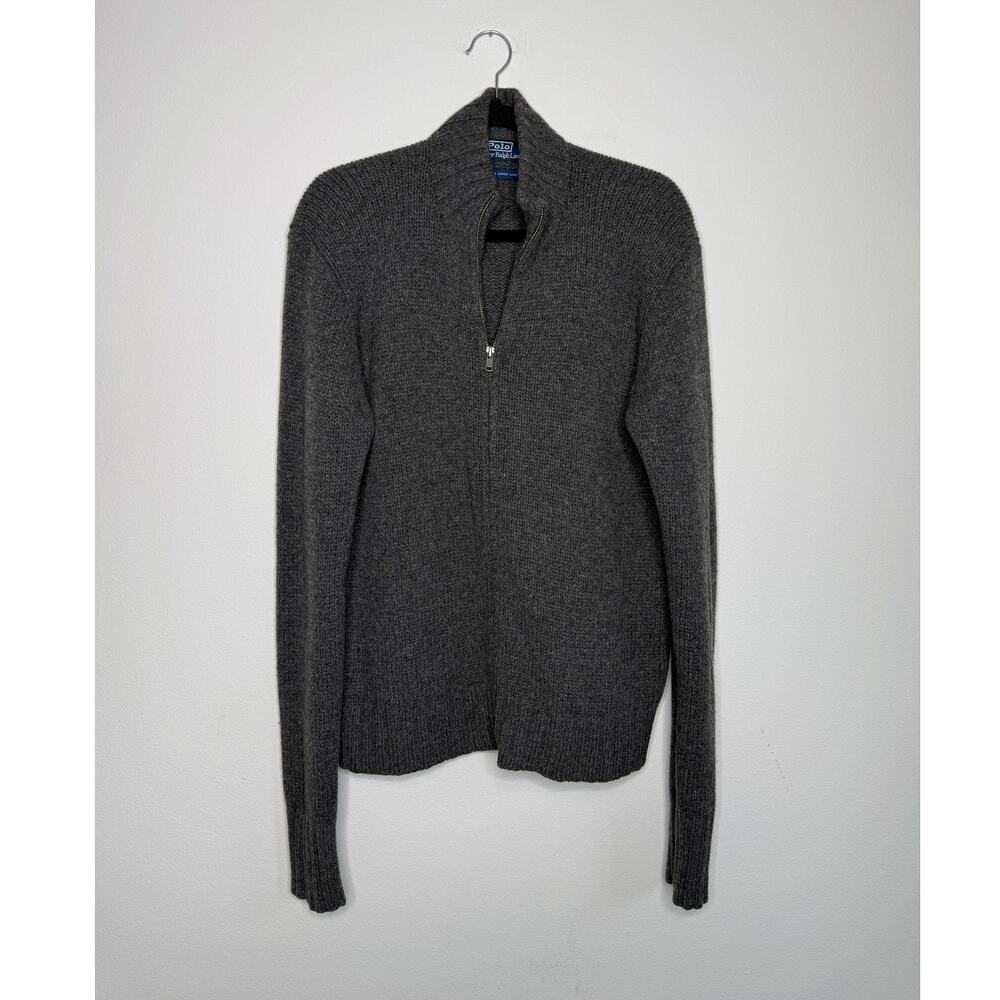 Polo Ralph Lauren 100% Lambswool Sweater Gray Full Zip Natural Fiber Knit